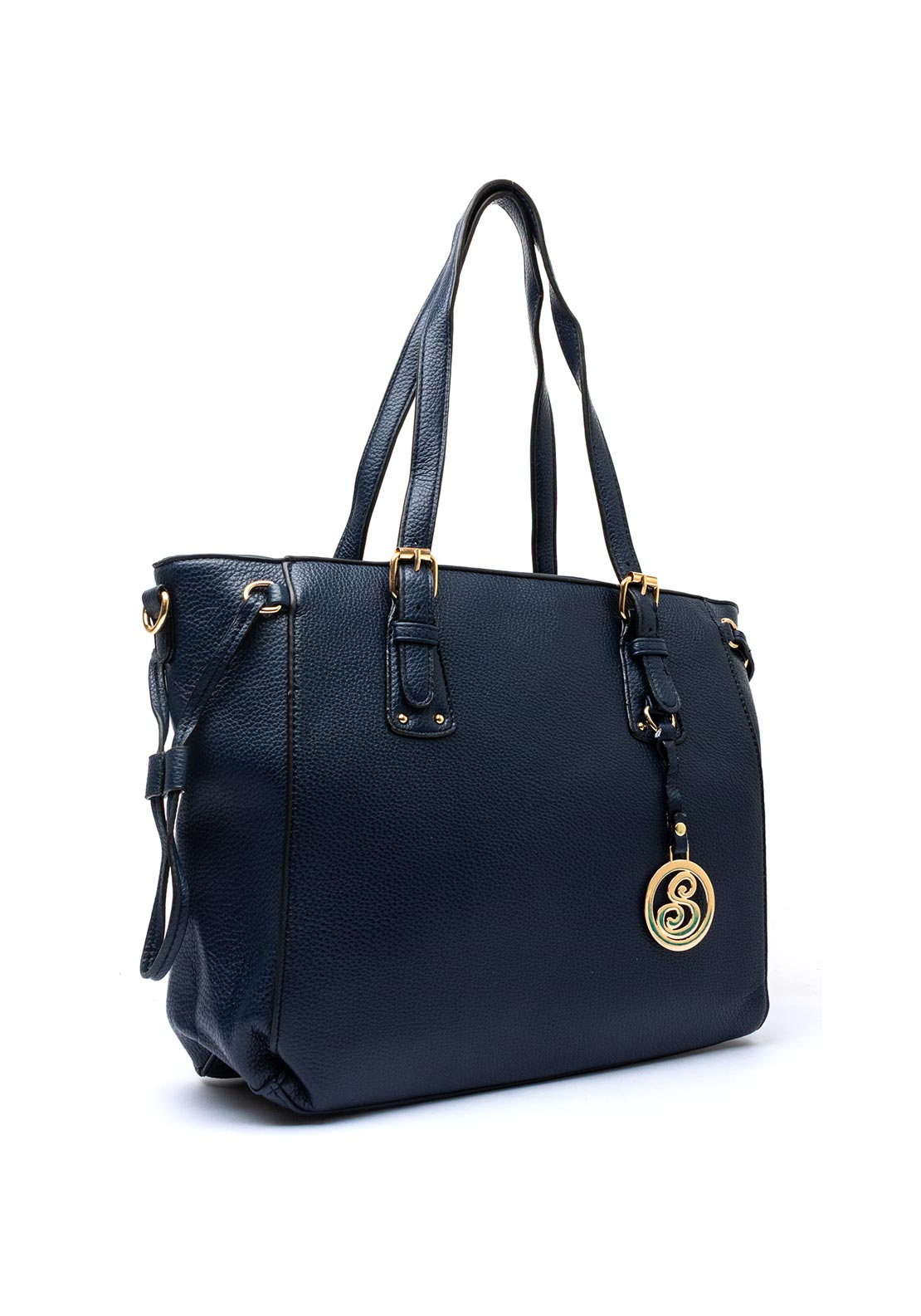 Zen Collection Pebbled Faux Leather Buckle Detail Tote Bag, Navy