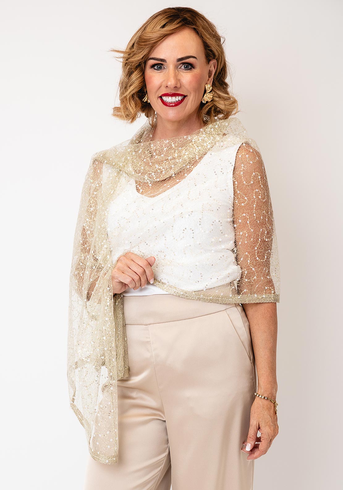 Serafina Sheer Sequin Detail Scarf Pashmina, Gold