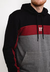11 Degrees Cut and Sew Panelled Hoodie, Black & Pomegranate
