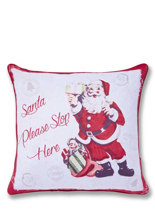 Catherine Lansfield Christmas Bedding Retro Santa Stop Here Cushion Cover, White