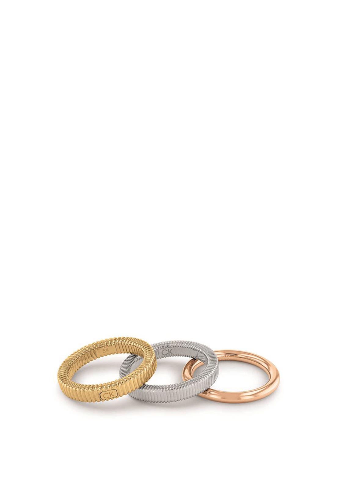 Calvin Klein Tri Colour Stacked Rings, Gold, Silver & Rose Gold Size 54