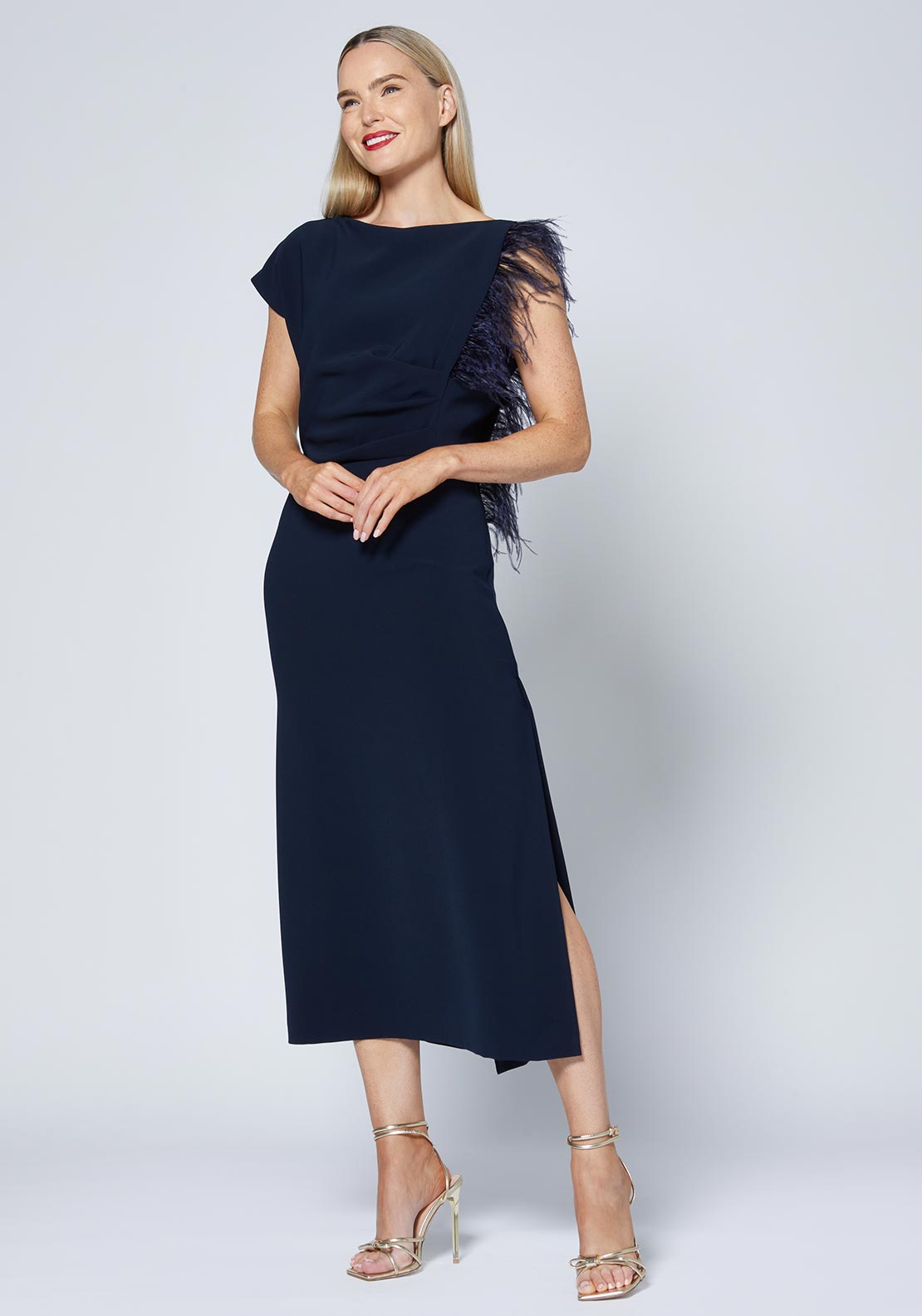 Caroline Kilkenny Trish Feather Shoulder Maxi Dress, Navy McElhinneys