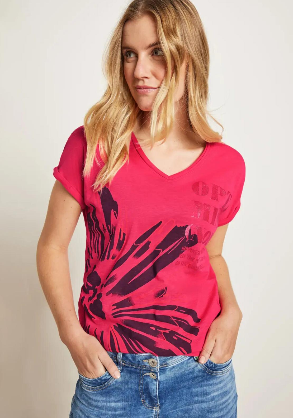 Cecil Word Print V Neck T-Shirt, Strawberry Red - McElhinneys