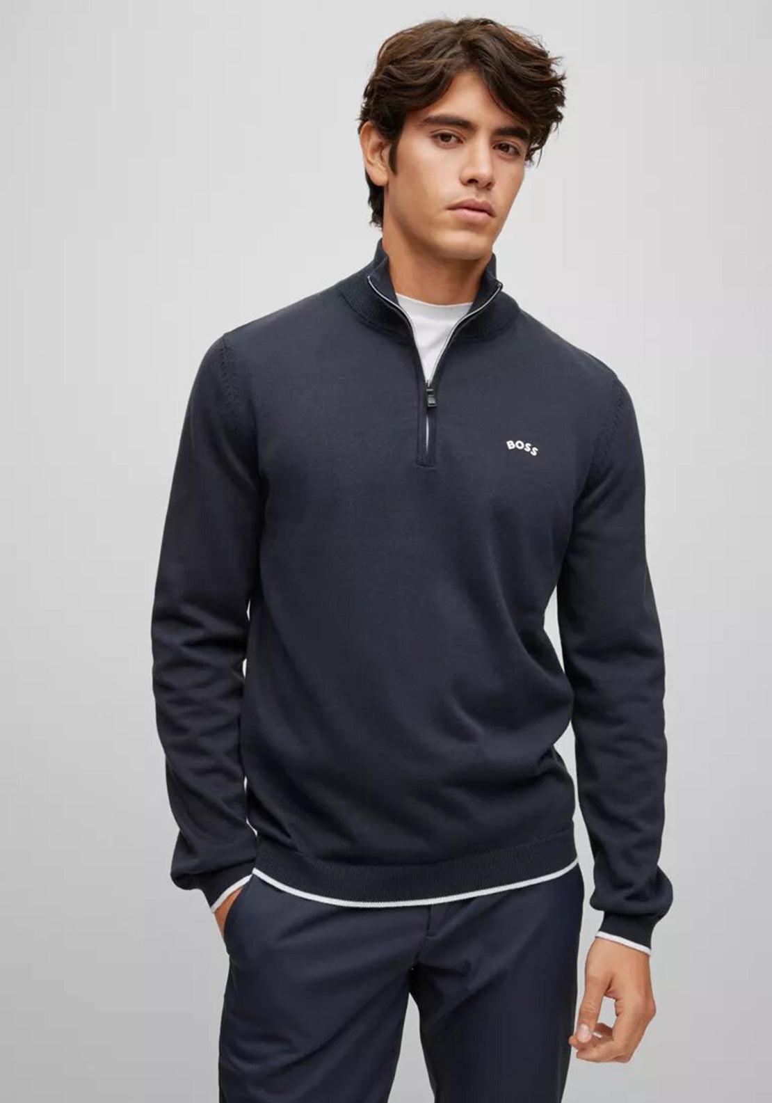 Hugo Boss Curved Logo Half Zip Sweater, Dark Blue