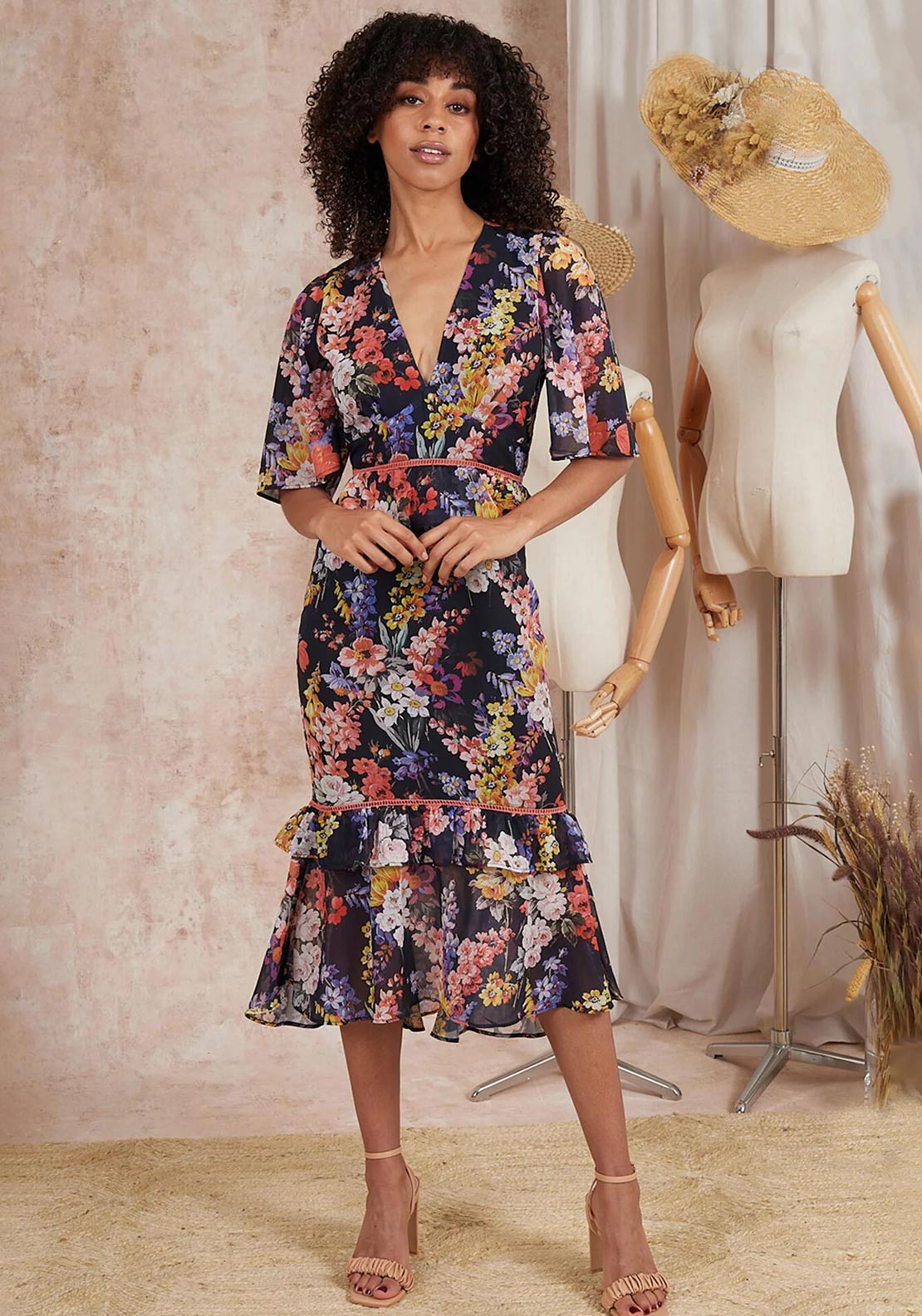 Hope Ivy Frima Floral Tiered Midi Dress, Multi McElhinneys