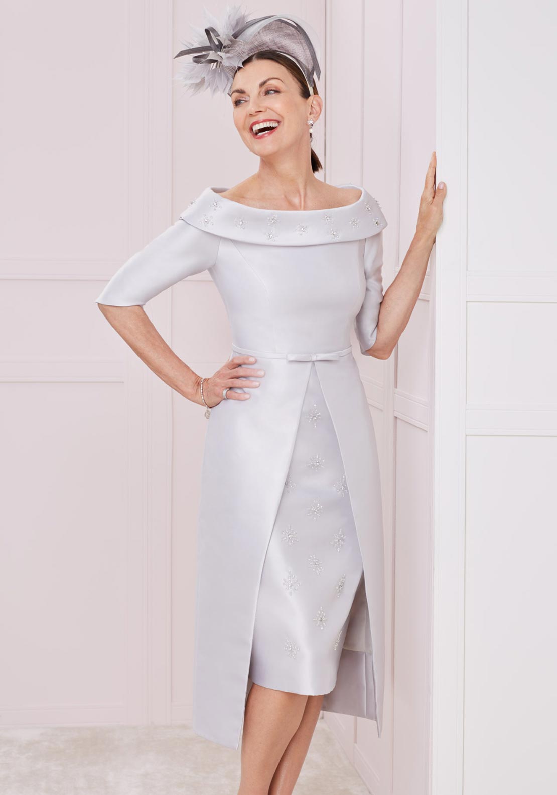 John Charles Over Layer Mikado Midi Dress, Silver