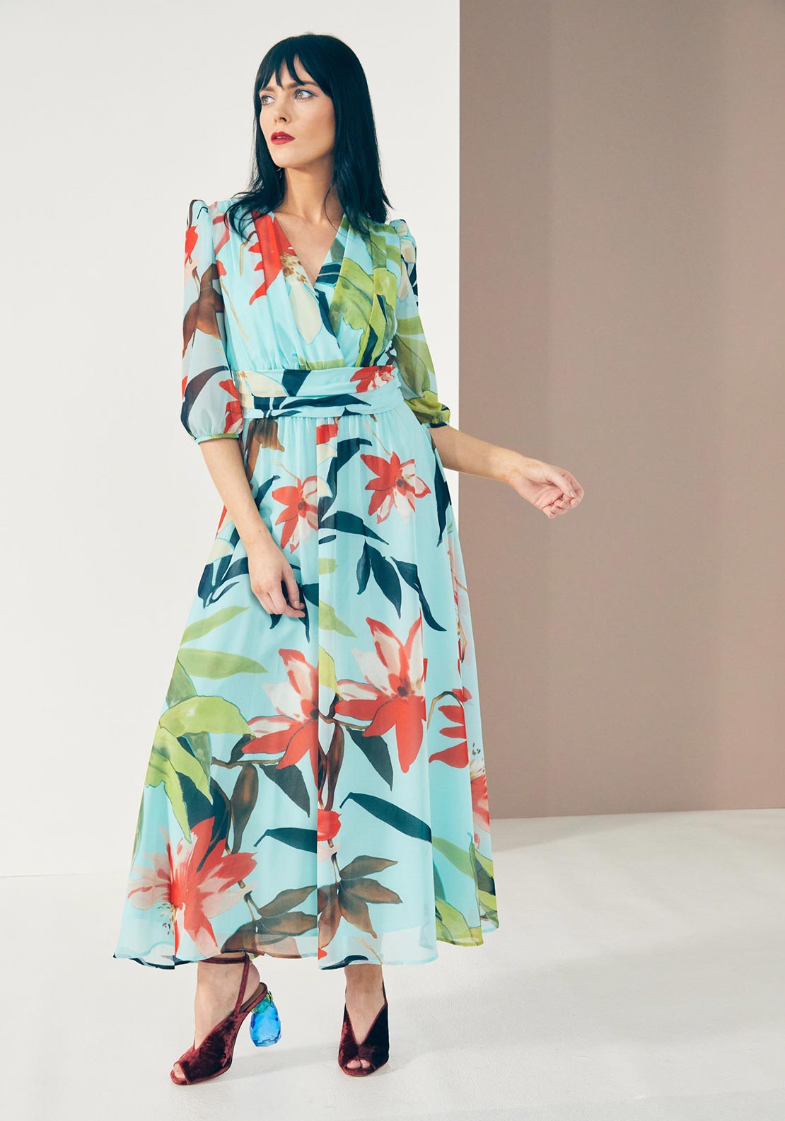 Kate Cooper Tropical Floral Chiffon Maxi Dress, Turquoise Multi - McElhinneys Kate Cooper Tropical Floral Chiffon Maxi Dress, Turquoise Multi - McElhinneys