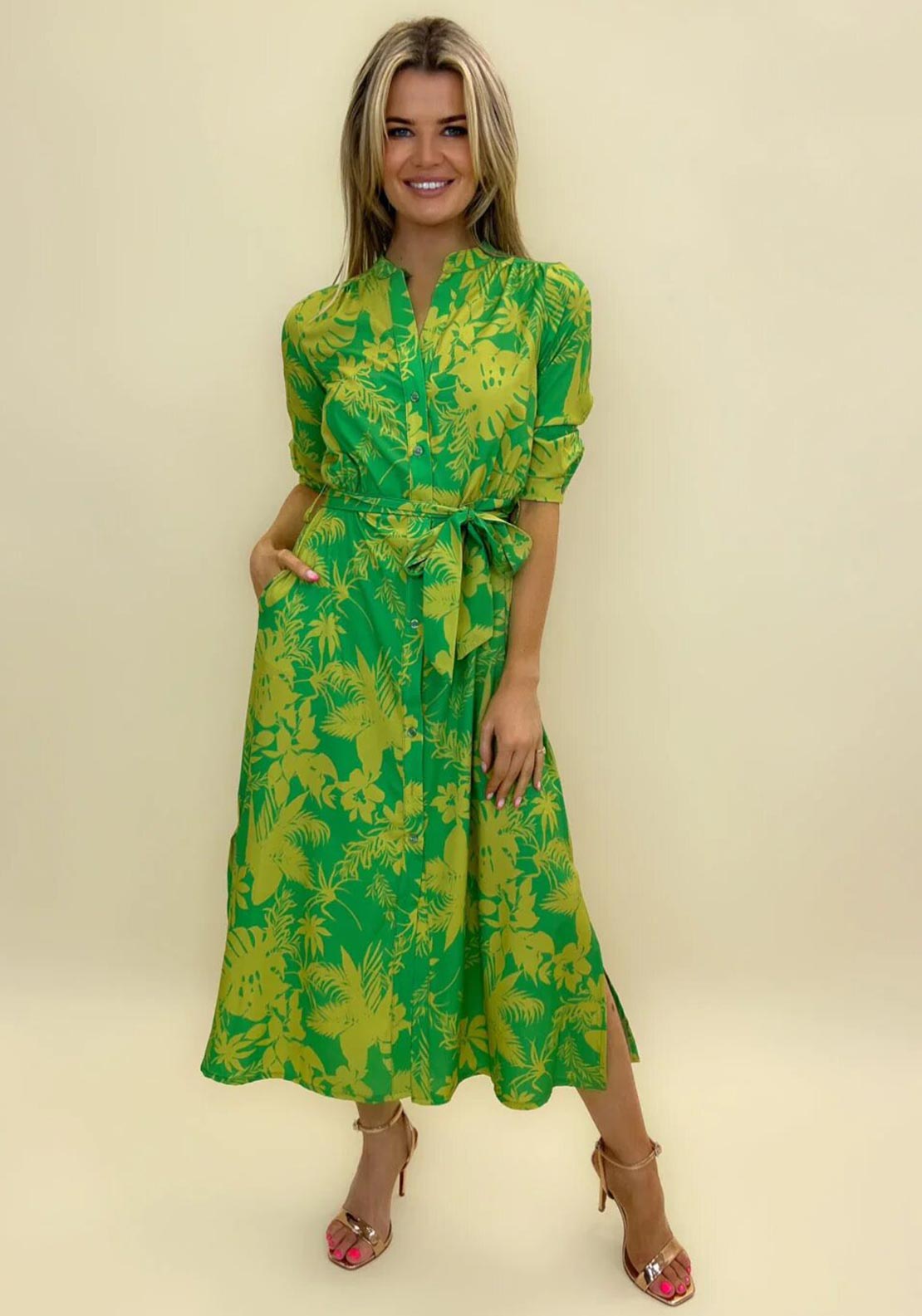 Kate & Pippa Capri Leaf Print Midi Dress, Flower Green - McElhinneys Kate & Pippa Capri Leaf Print Midi Dress, Flower Green - McElhinneys