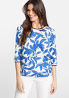 Olsen Leaf Print Ribbed Neck T-Shirt, Blue Multi