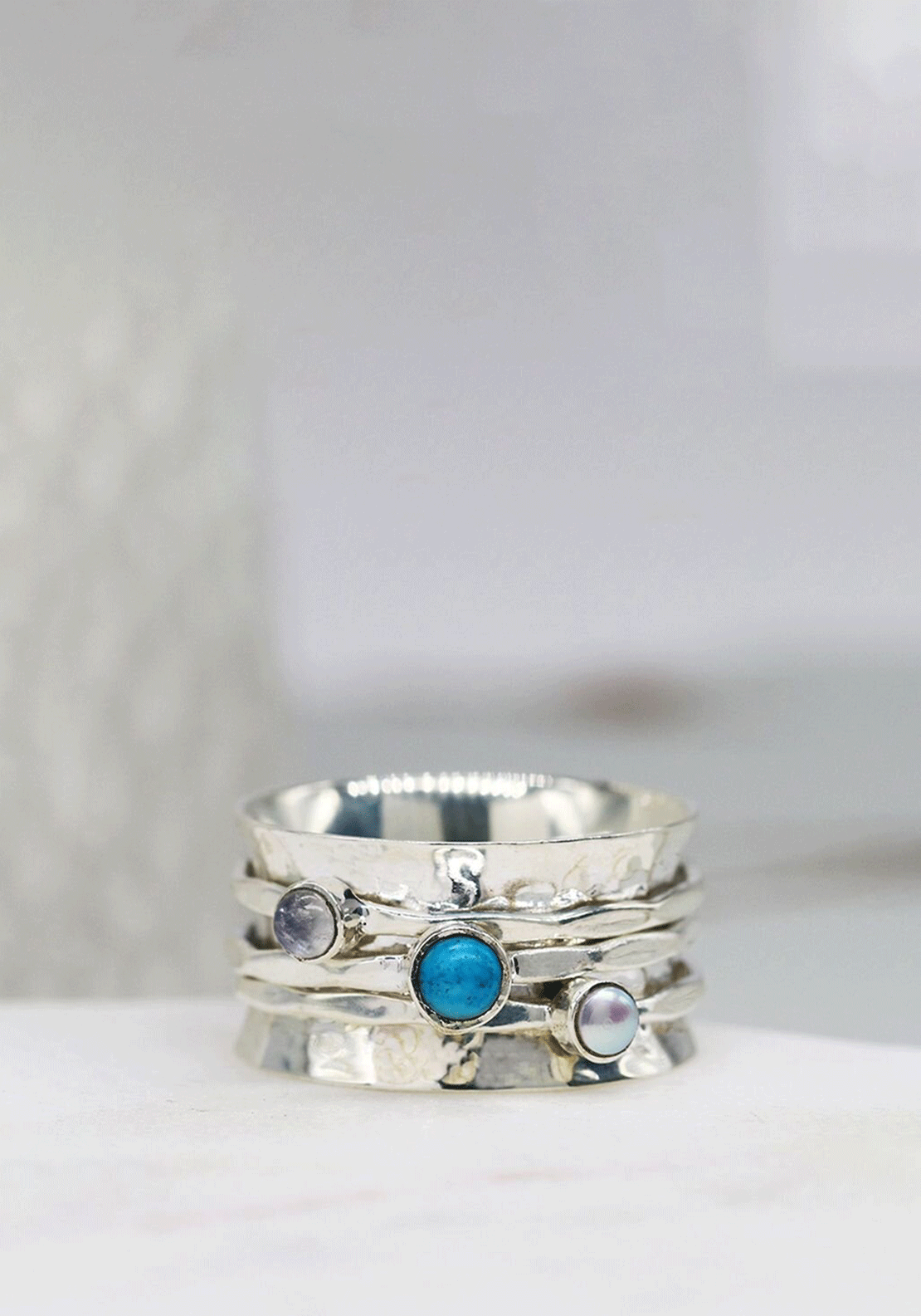 POM Turquoise, Pearl & Moonstone Spinning Ring, Silver Size 61