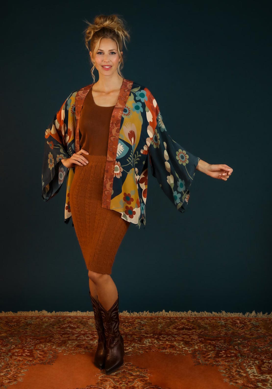 Powder Scandinavian Flora Kimono Jacket, Navy