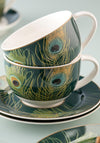 Ansley Peacock Feather Set of 2 Cappuccino Cup & Saucer, Green Multi