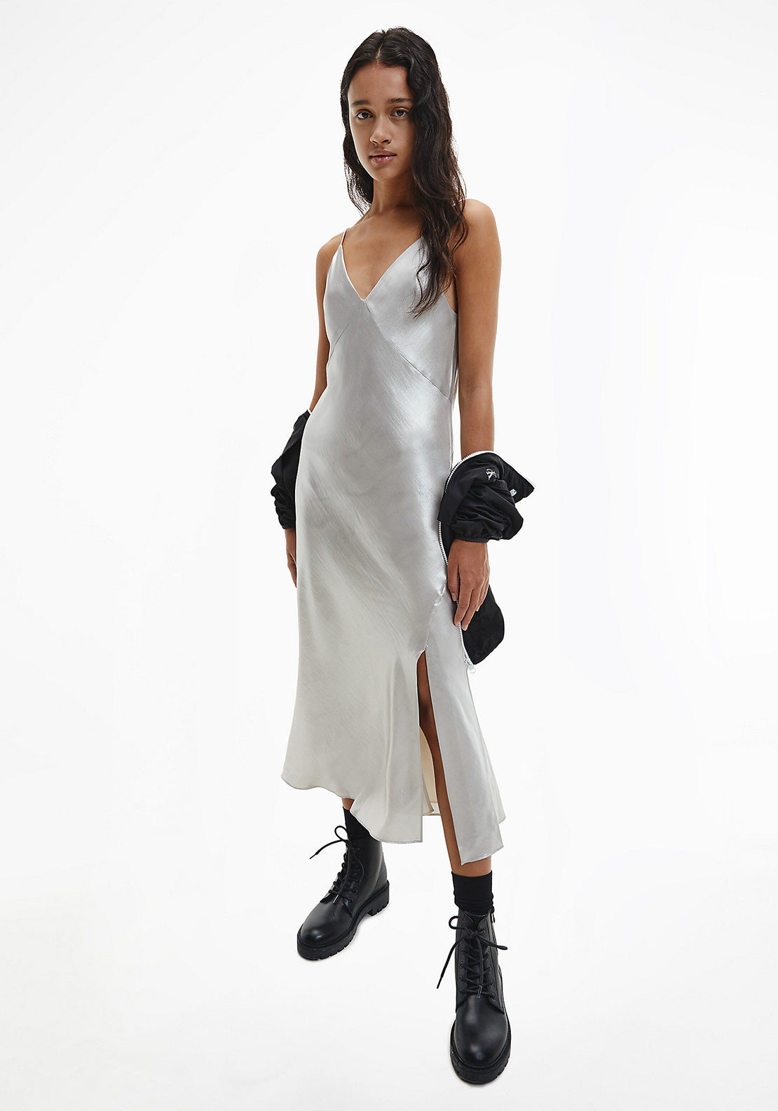 calvin klein slip dress Calvin Klein Jeans Womens Metallic Satin Slip Dress, Silver