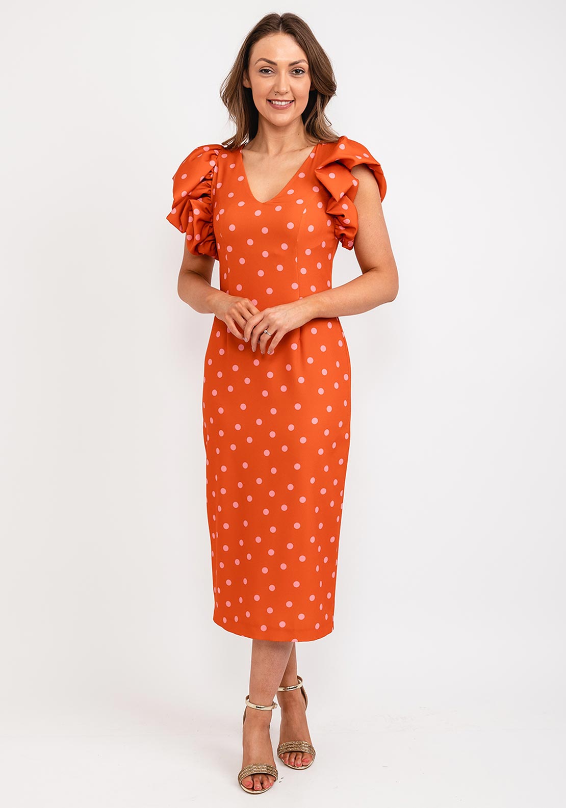 Casting Polka Dot Gathered Shoulder Midi Dress, Orange Pink