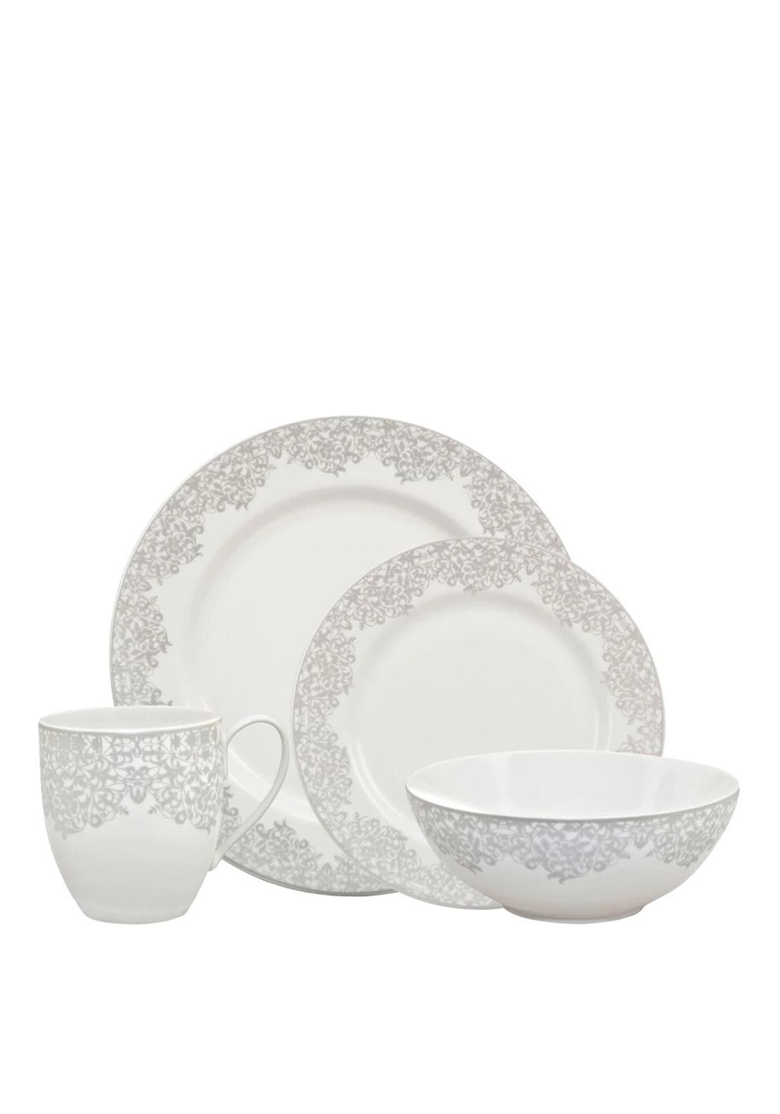 Denby Monsoon Filigree Silver 16 Piece Tableware set McElhinneys