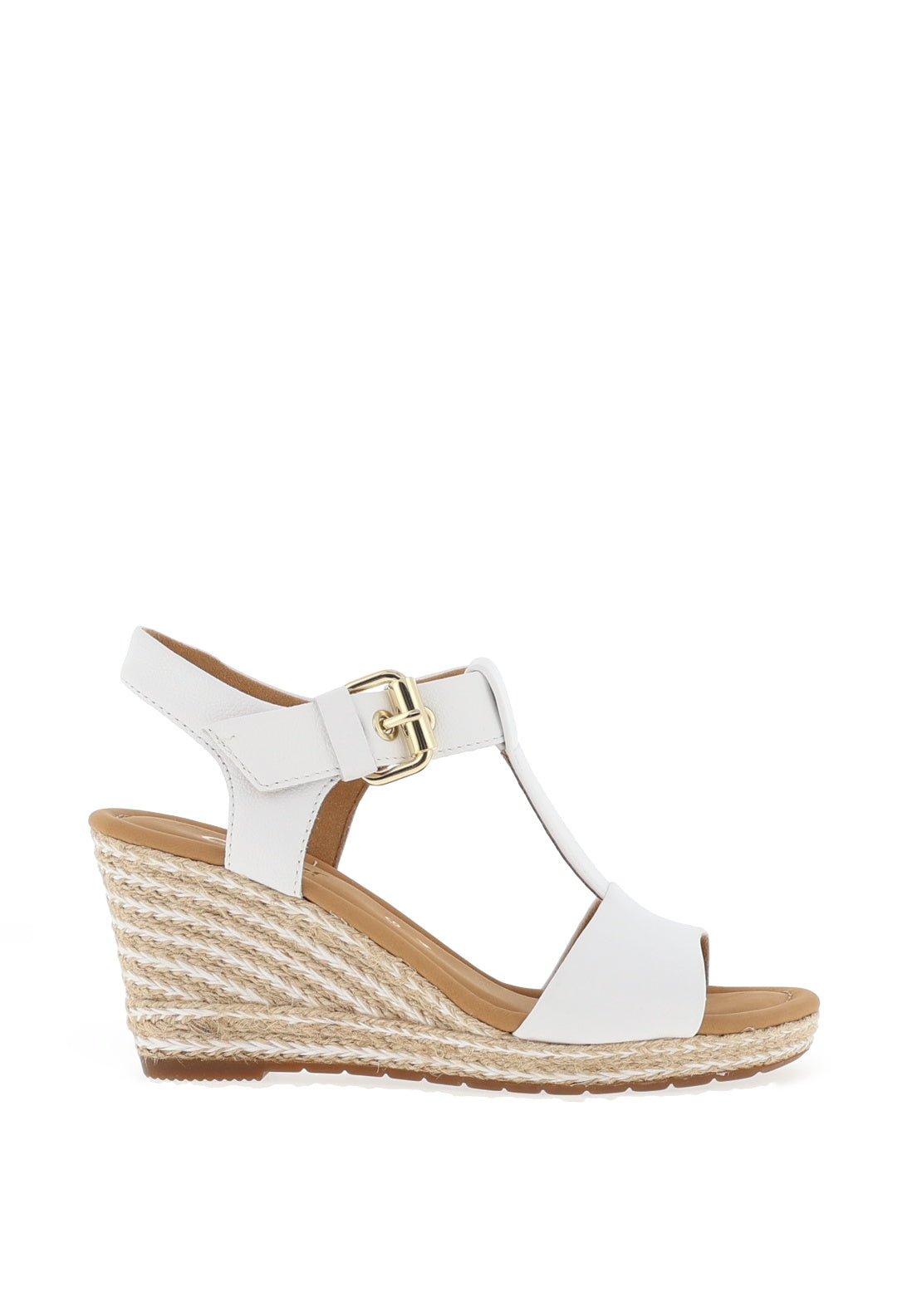 Gabor Leather Buckle T Bar Wedge Sandals, White