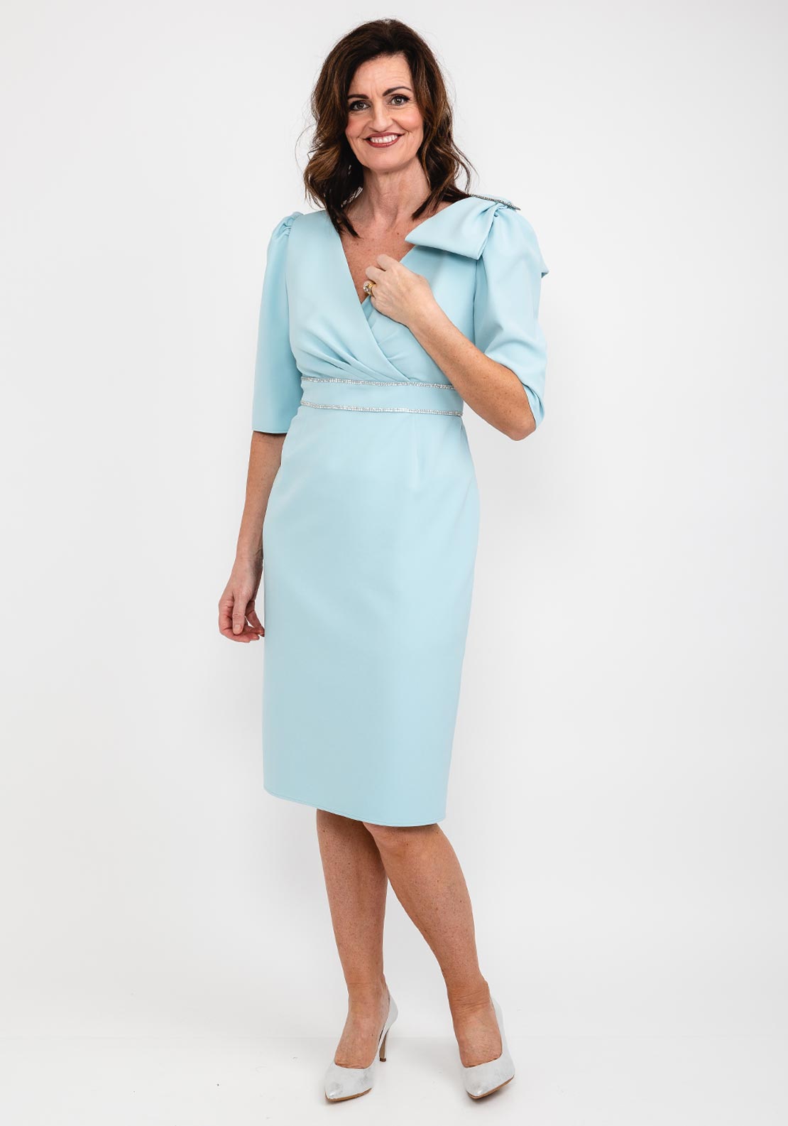 Giorgia Jo Diamante Trim Adjustable Bow Midi Dress, Duck Egg - McElhinneys