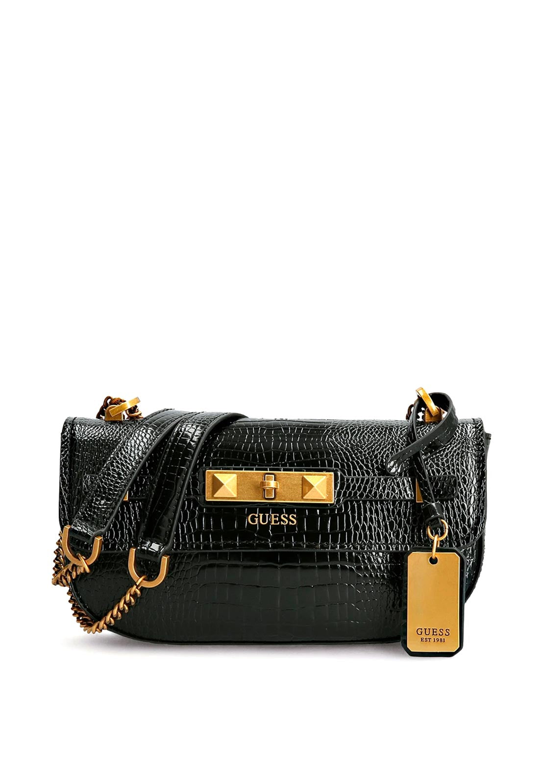Guess Raffie Croc Print Crossbody Bag, Black McElhinneys