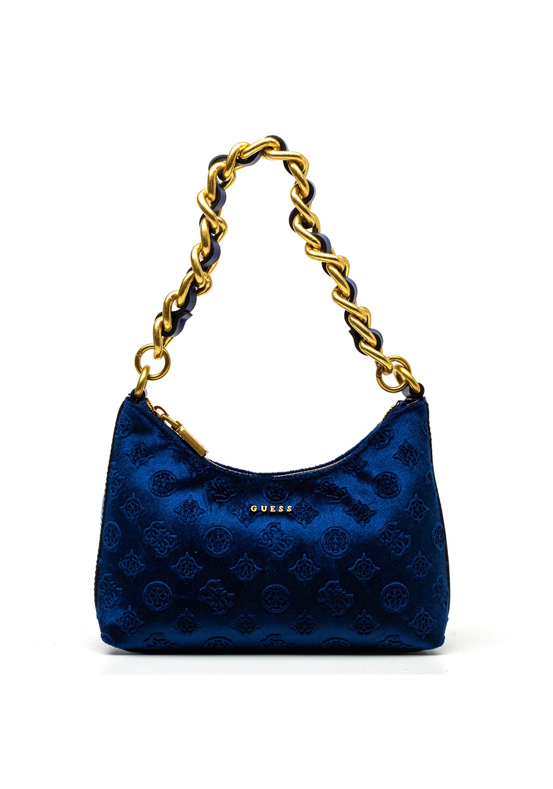 Guess Kimi Velvet Mini Zip Shoulder Bag, Dark Blue McElhinneys