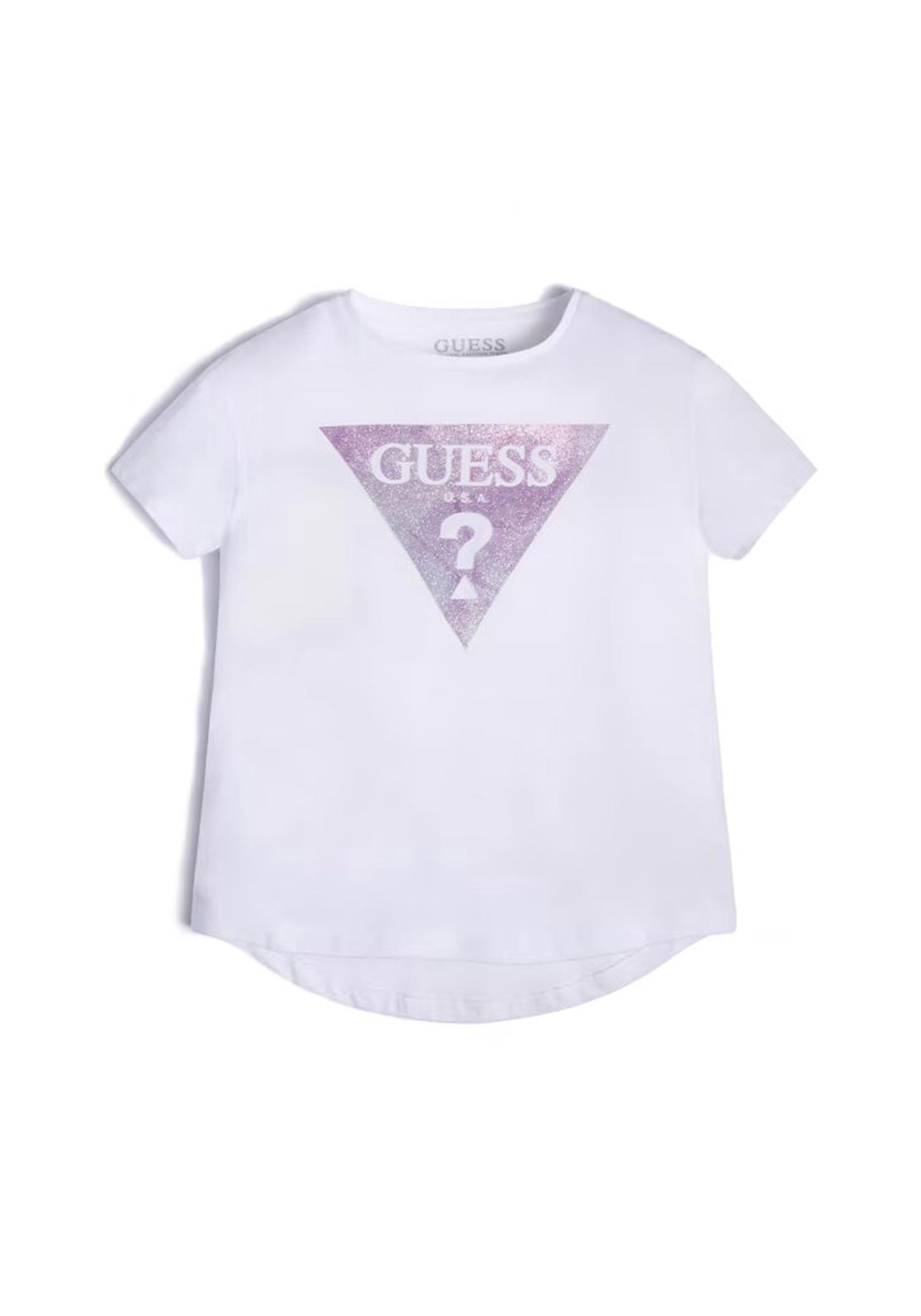 Guess Girls Glitter Triangle Logo T-Shirt, White