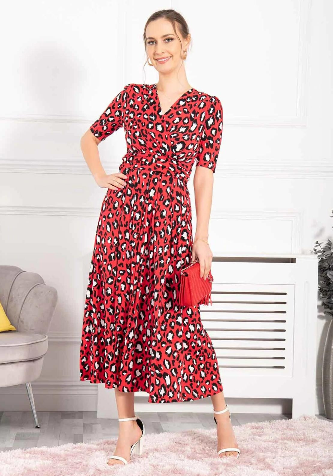 knee length dresses for ladies Cordelia St Josie Flutter Sleeve Midi Dress – Orange/White – TULIO Fashion main image 0