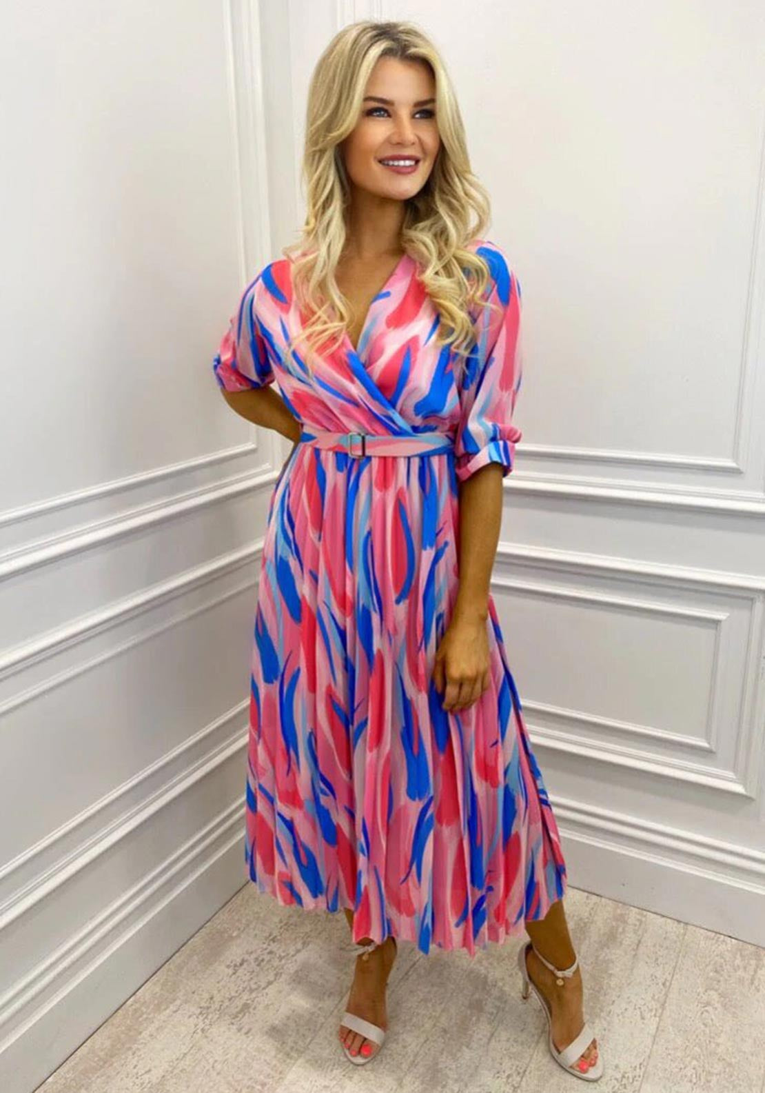 positano midi dress Kate & Pippa Positano Print Midi Dress, Pink & White Multi