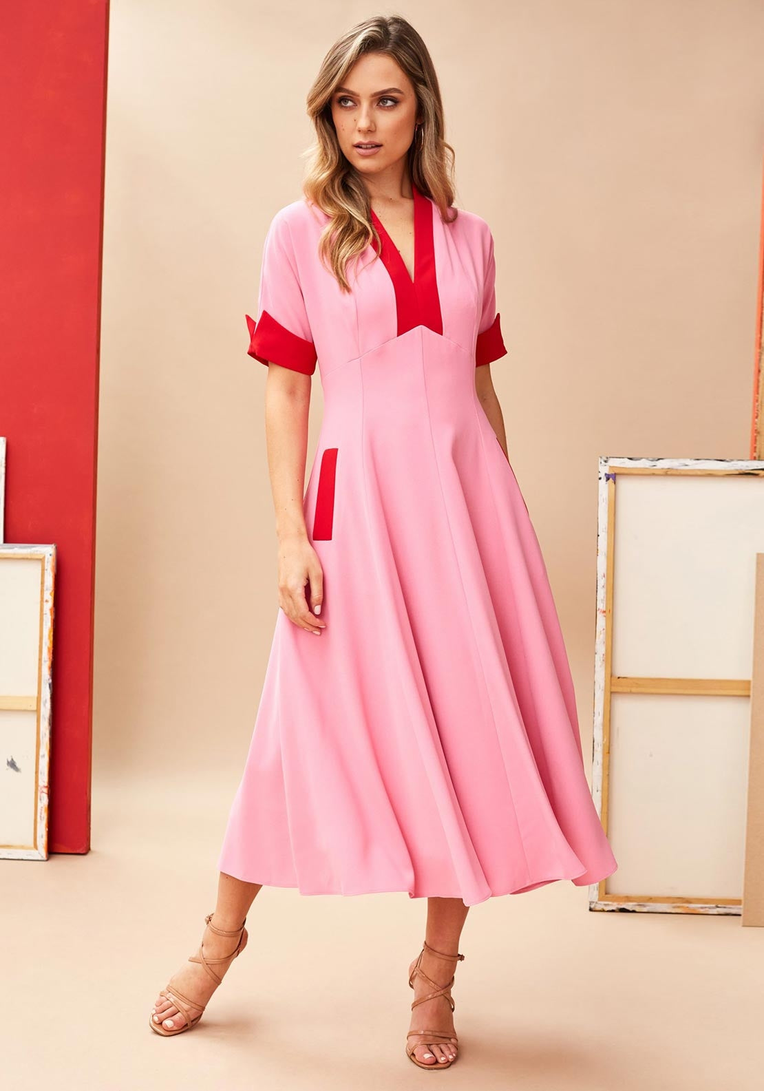 Kate Cooper Contrast A-Line Midi Dress, Pink & Red - McElhinneys Kate Cooper Contrast A-Line Midi Dress, Pink & Red - McElhinneys