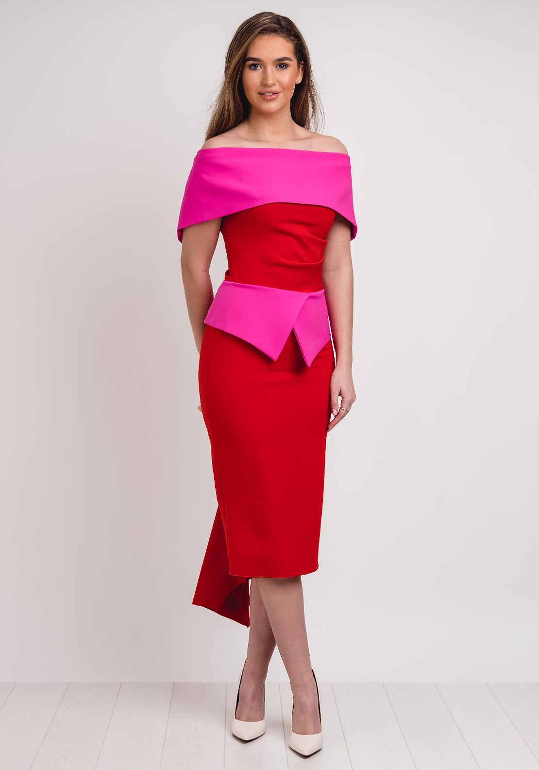 kevan jon queenie peplum dress Kevan Jon Queenie Peplum Midi Dress, Red & Pink