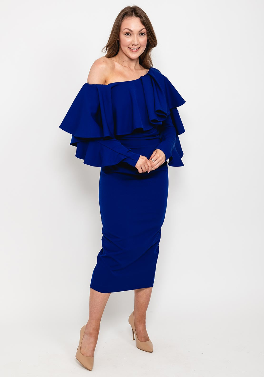 Kevan Jon Oleanna Frill Neckline Midi One-Shoulder Dress, Cobalt