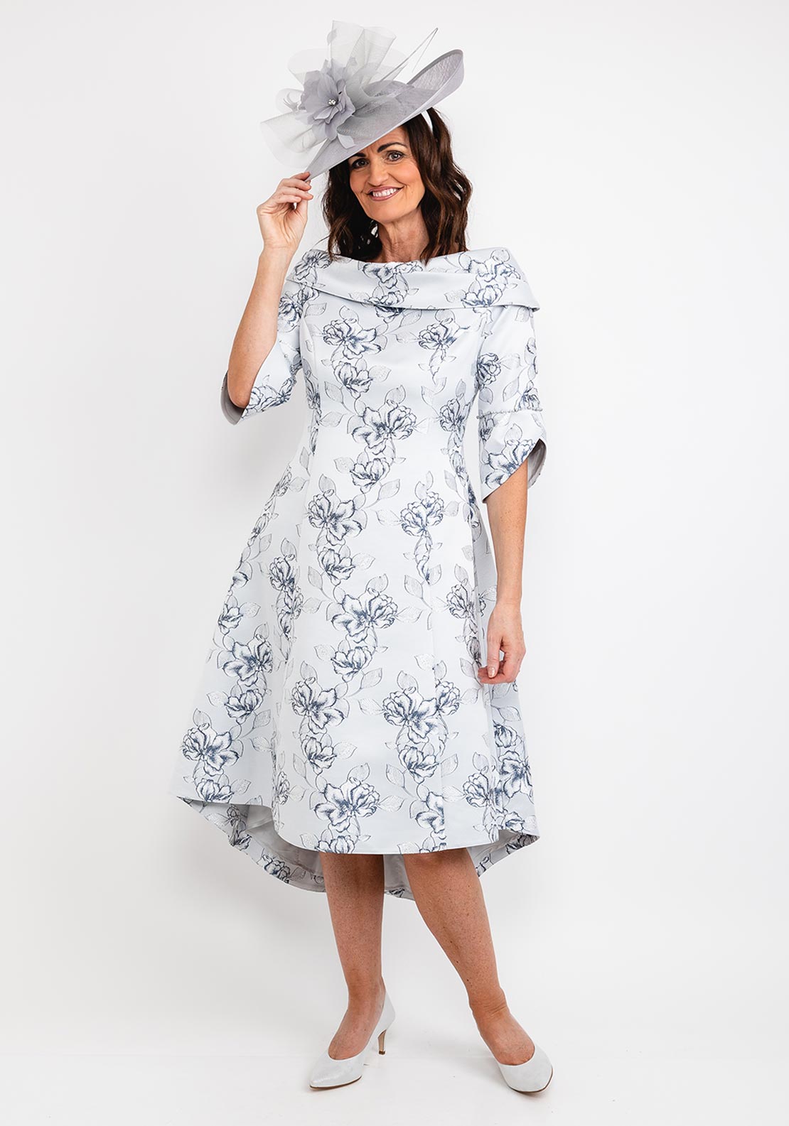 dip hem midi dress Lizabella Floral Embroidered Dip Hem Midi Dress, Navy & Silver