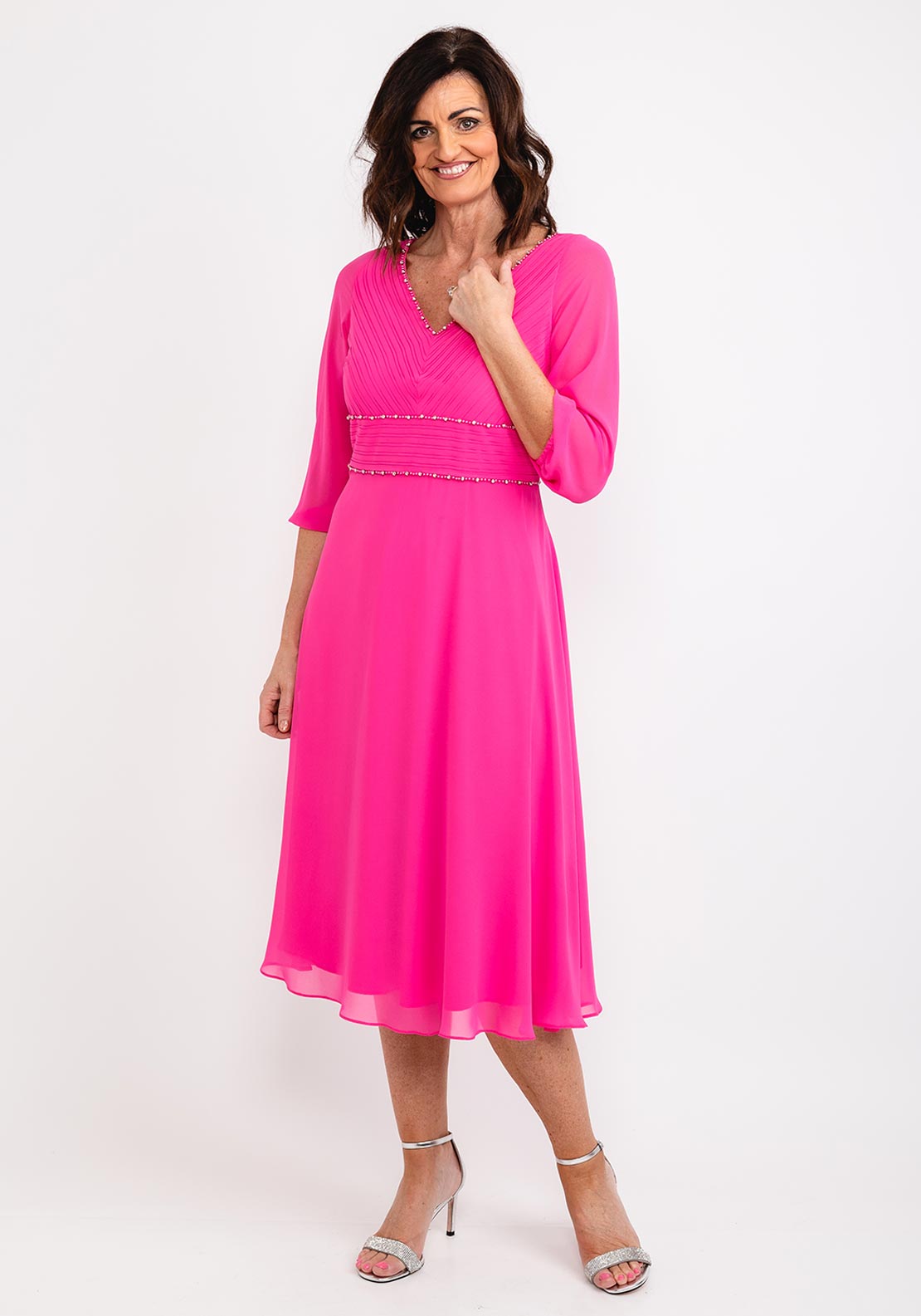 Lizabella Pleated Bodice Chiffon Midi Dress, Hot Pink