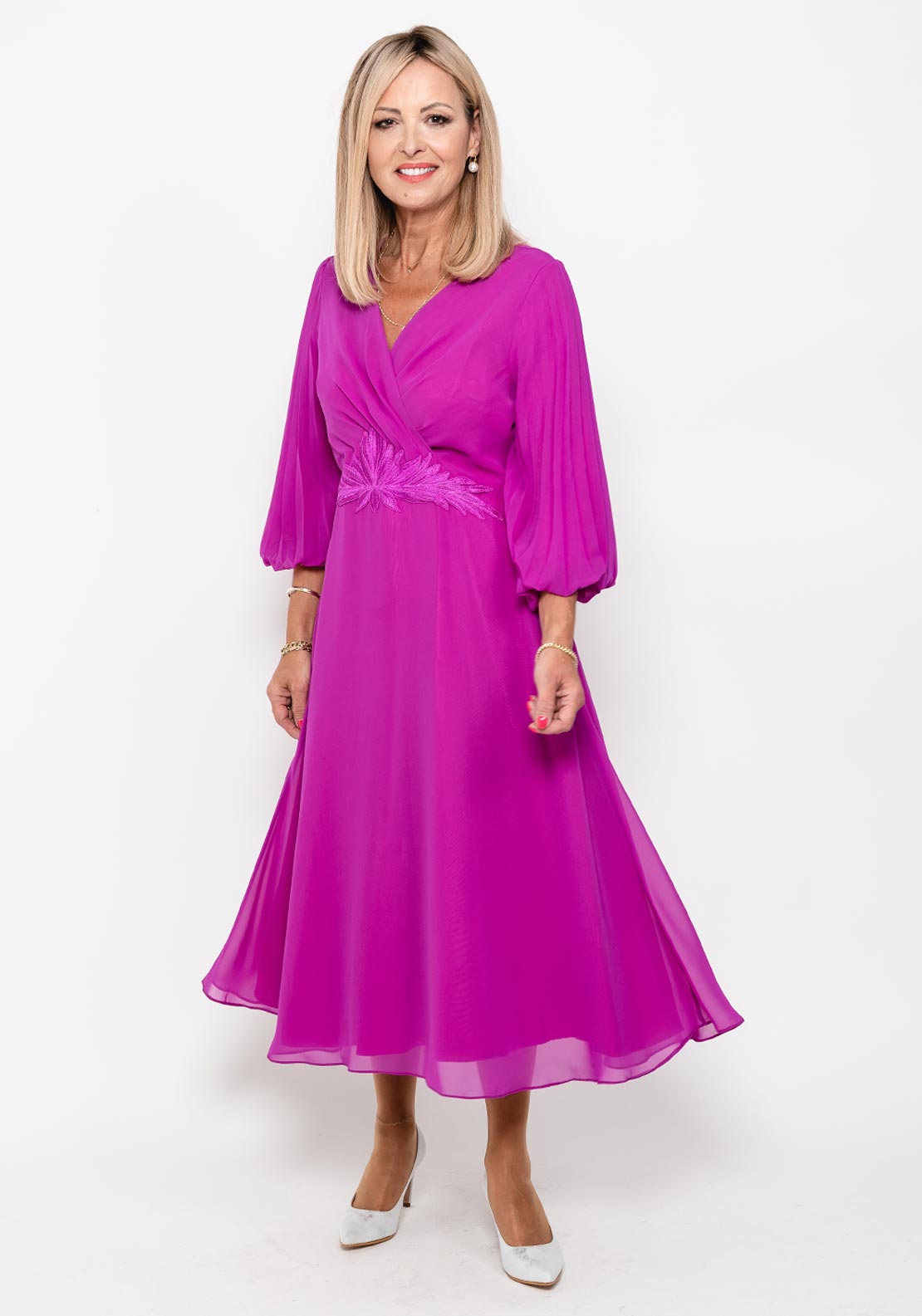 Lizabella Pleated Sleeve Chiffon Midi Dress, Fuchsia - McElhinneys Lizabella Pleated Sleeve Chiffon Midi Dress, Fuchsia - McElhinneys