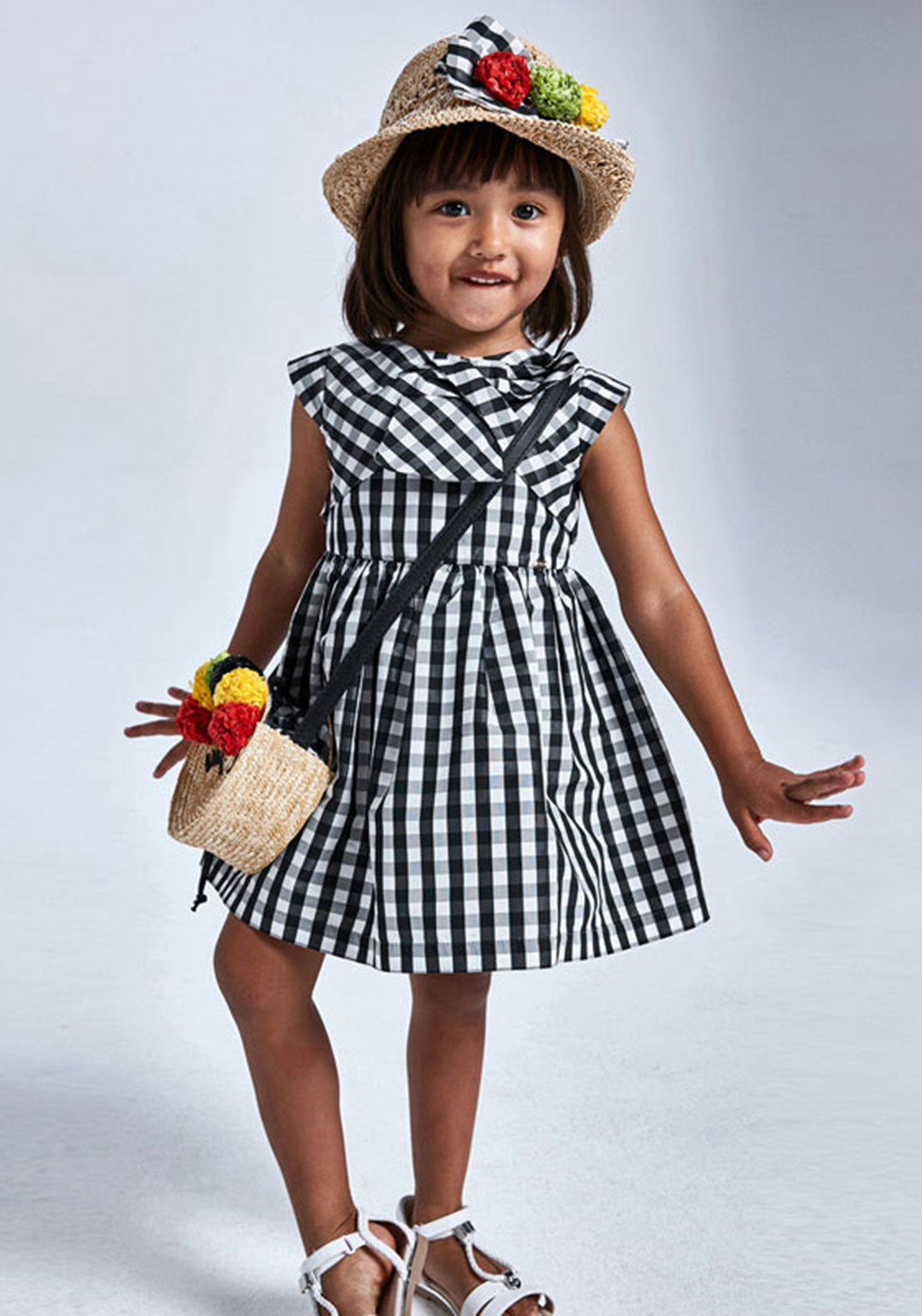Mayoral Girls Gingham Print Dress, Black White