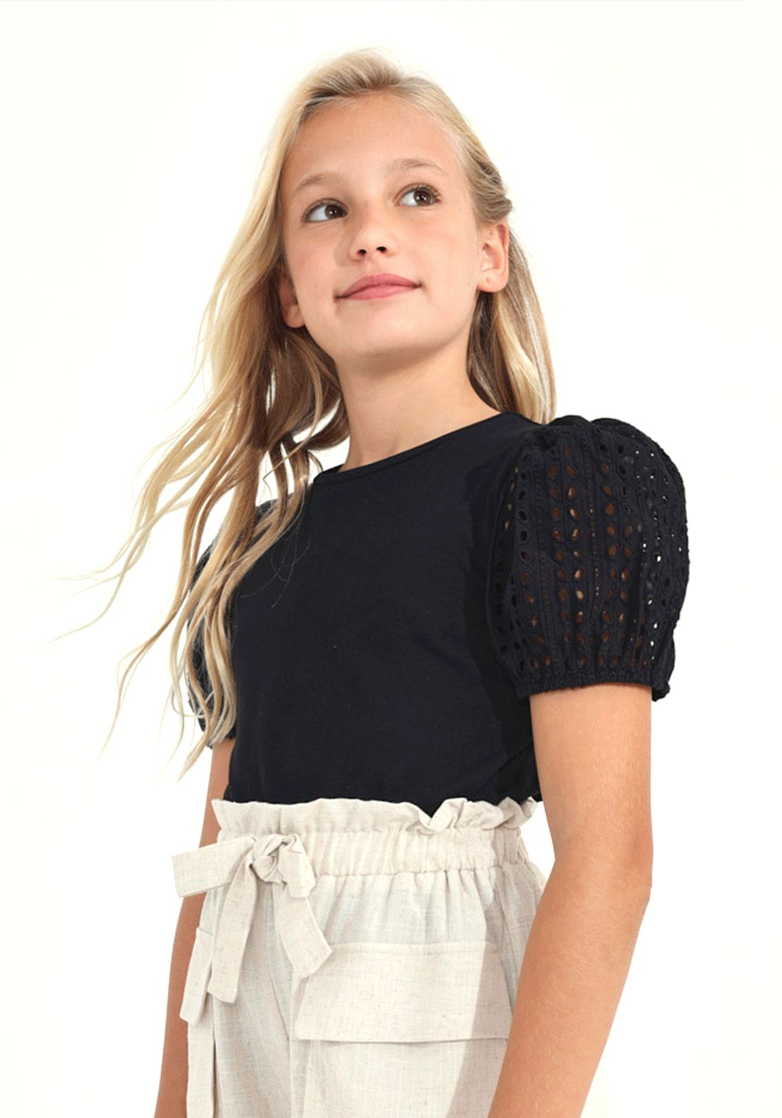 Mayoral Older Girl Pattern Sleeve T-Shirt, Black