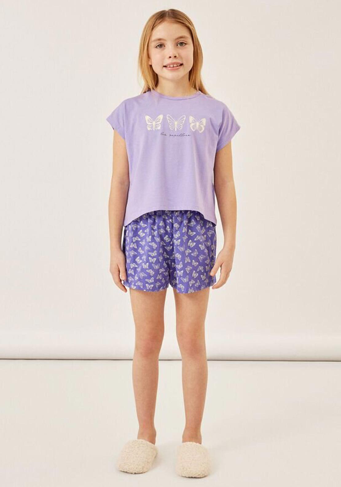 Name It Girl Butterfly Short Sleeve Night Set, Sand Verbena