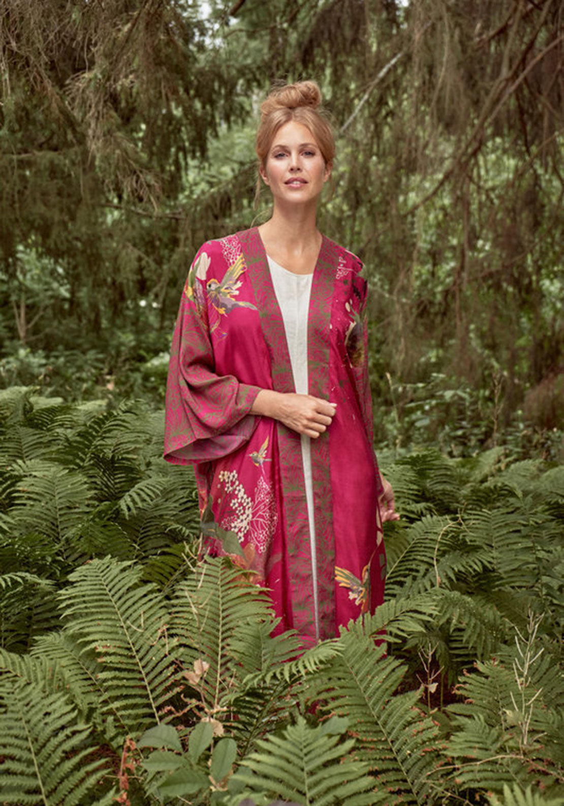 Powder Humming Bird Kimono Gown, Raspberry