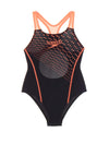 Speedo Girls Medley Logo Swimsuit, Black and Orange