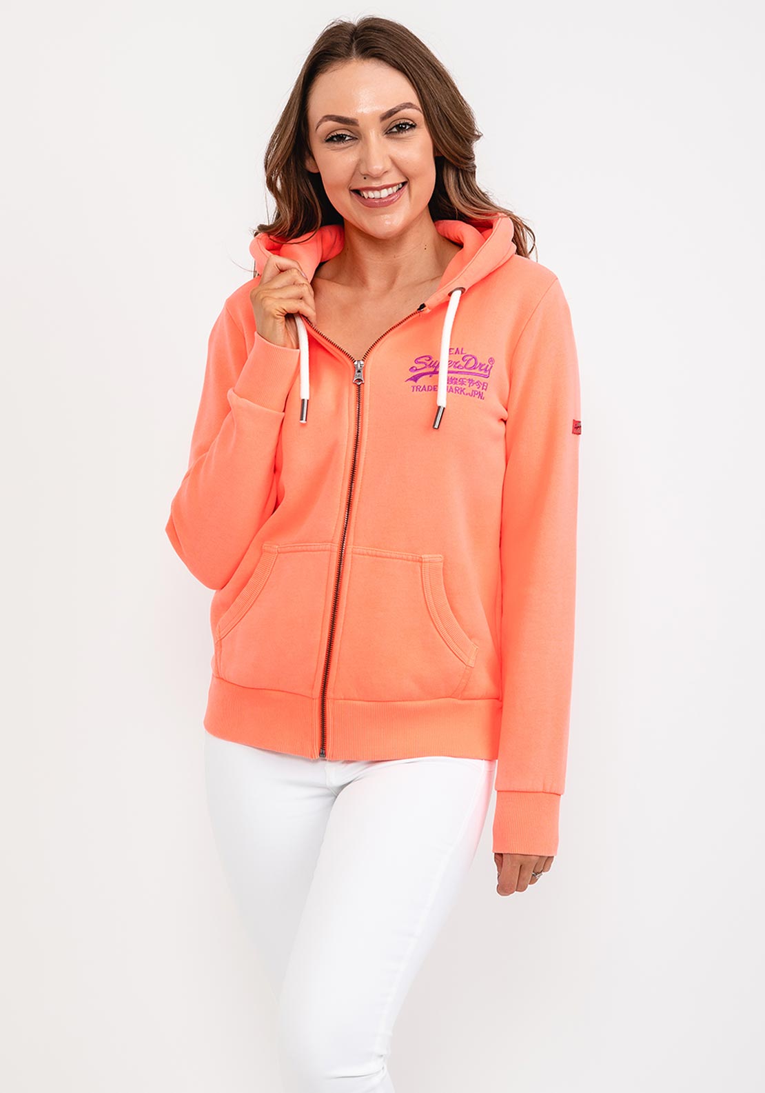 Superdry Womens Full Zip Hoodie, Hyper Fire Coral