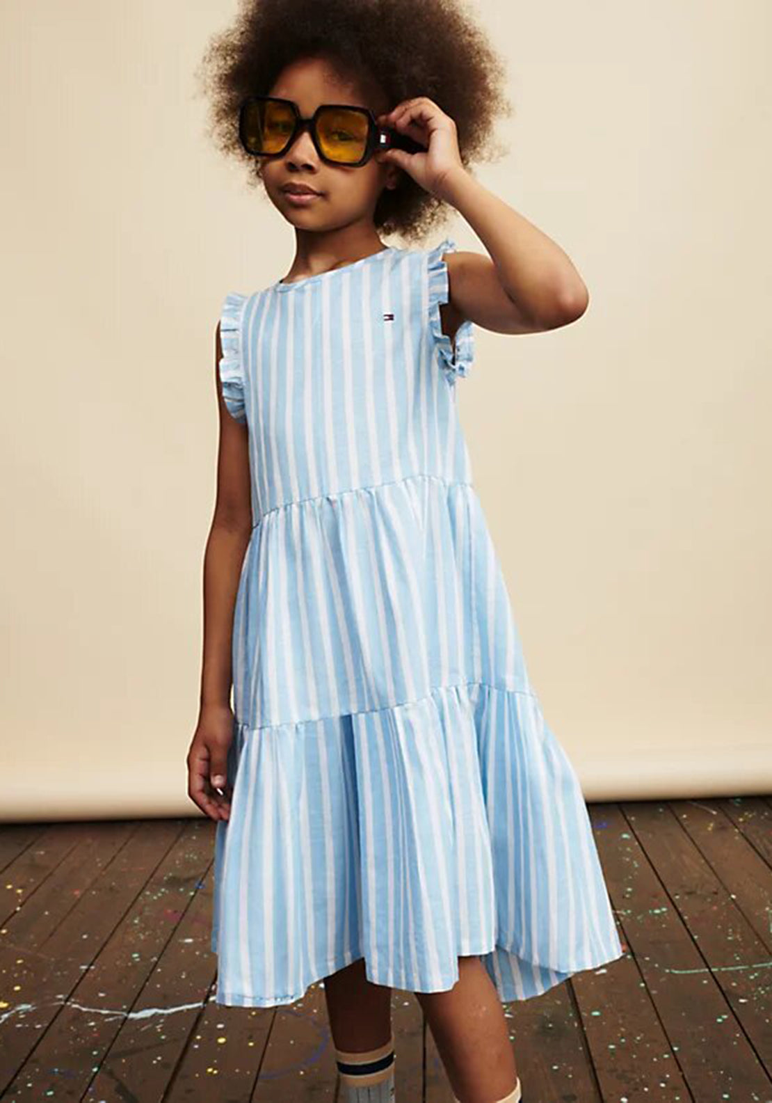 Tommy Hilfiger Girl Sleeveless Striped Ruffle Dress, Blue
