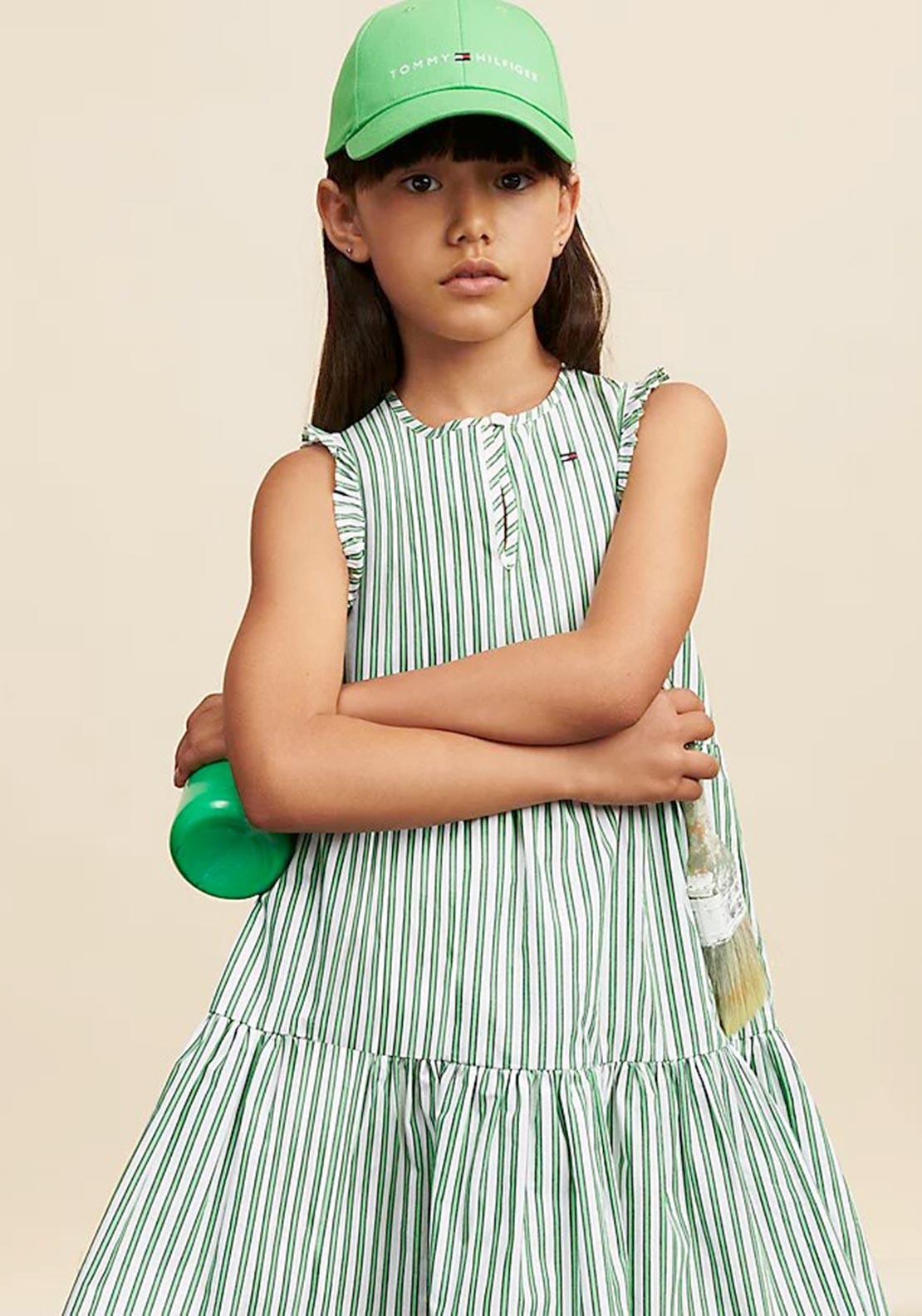 Tommy Hilfiger Girl Sleeveless Striped Ruffle Dress, Green - McElhinneys Tommy Hilfiger Girl Sleeveless Striped Ruffle Dress, Green - McElhinneys