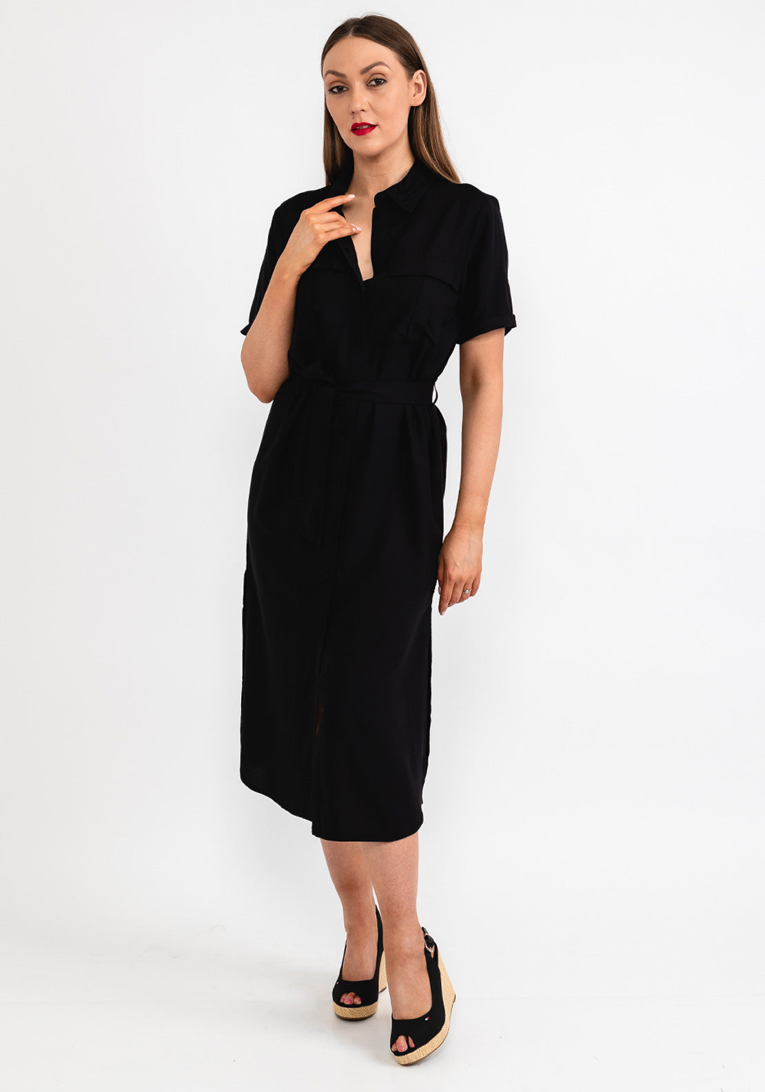 Vila Elaine Midi Shirt Dress, Black - McElhinneys