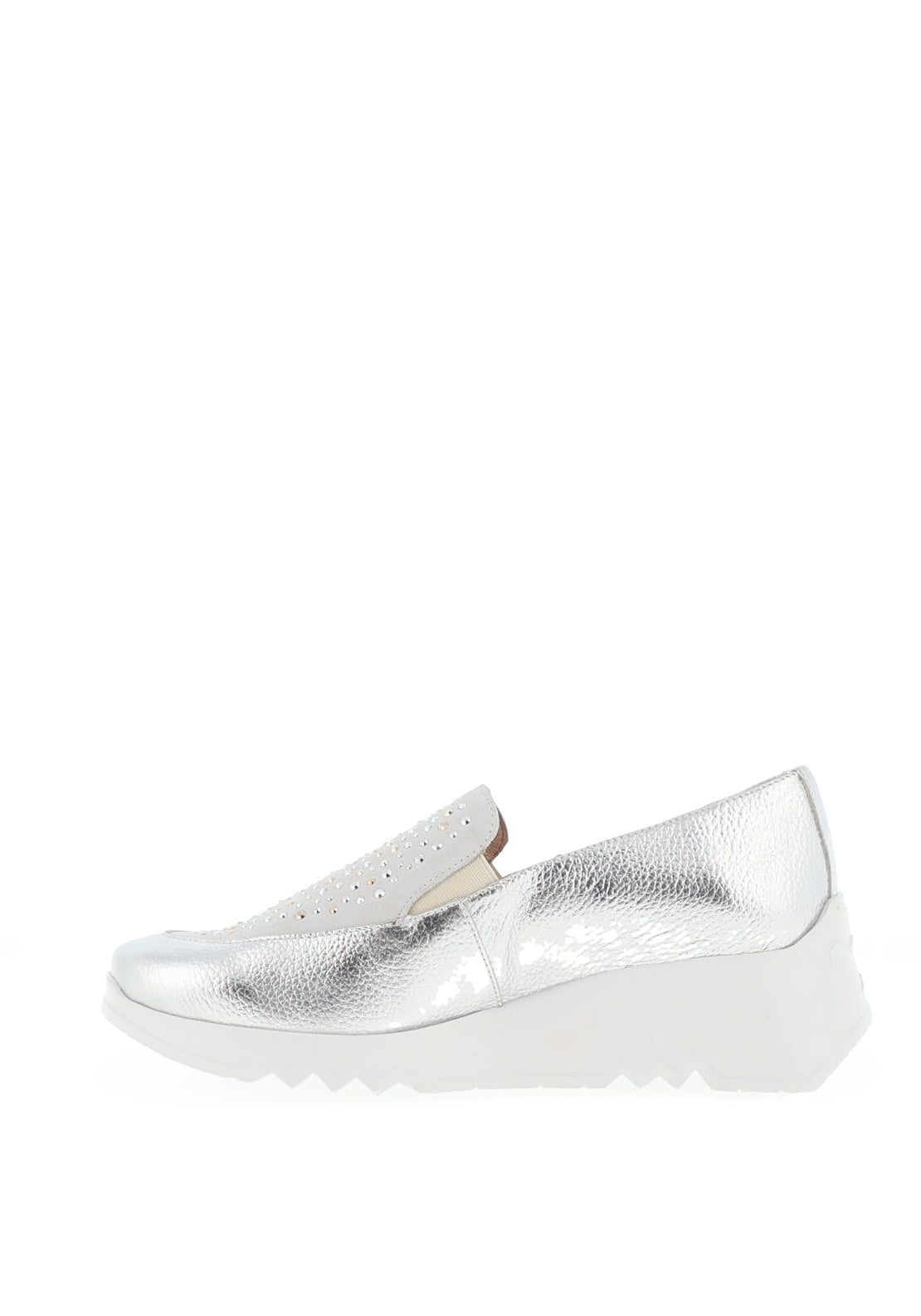 Wonders Fly Metallic Gem Leather Wedged Shoes, Silver
