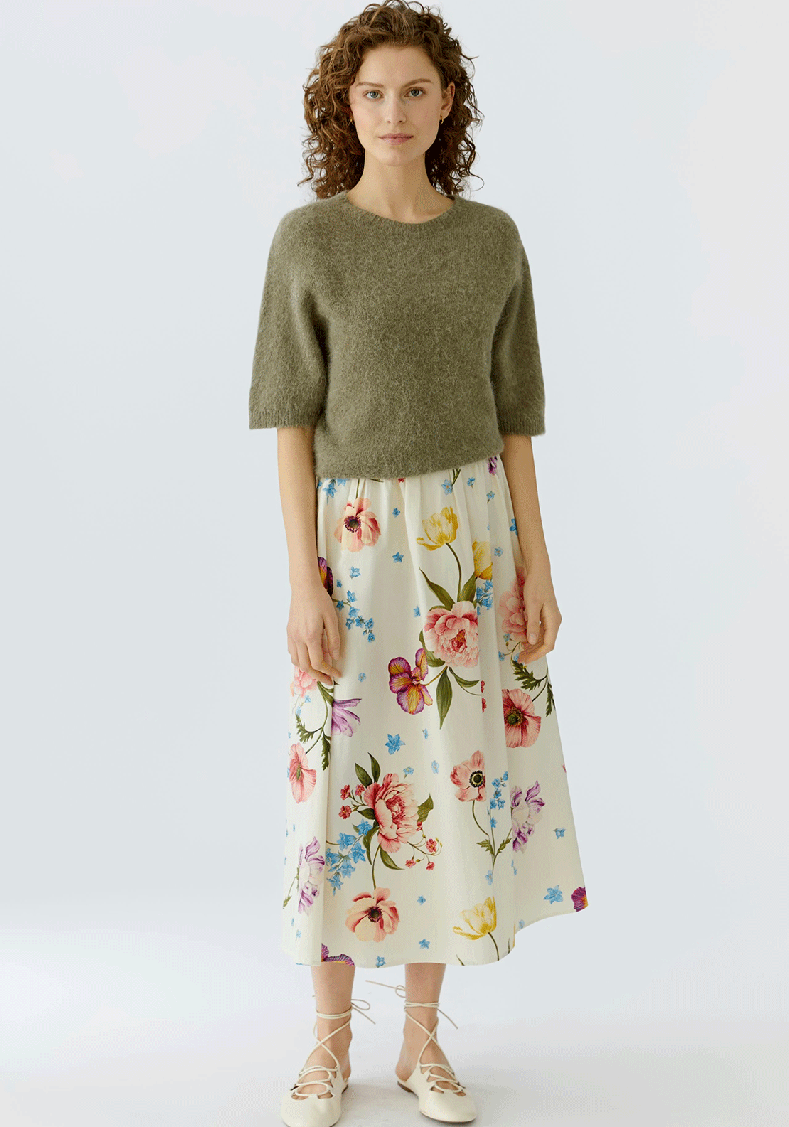 Oui Floral Print Aline Midi Skirt, Beige Multi