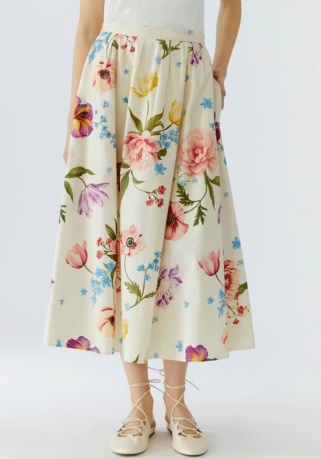 Oui Floral Print Aline Midi Skirt, Beige Multi