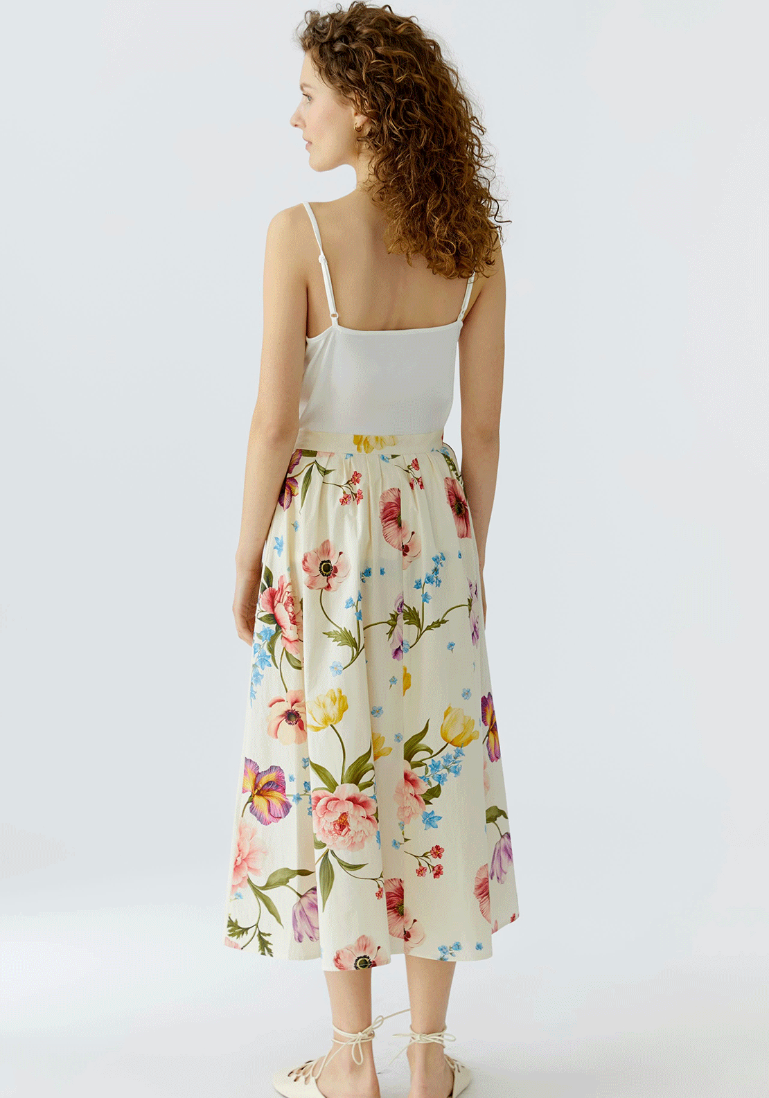 Oui Floral Print Aline Midi Skirt, Beige Multi