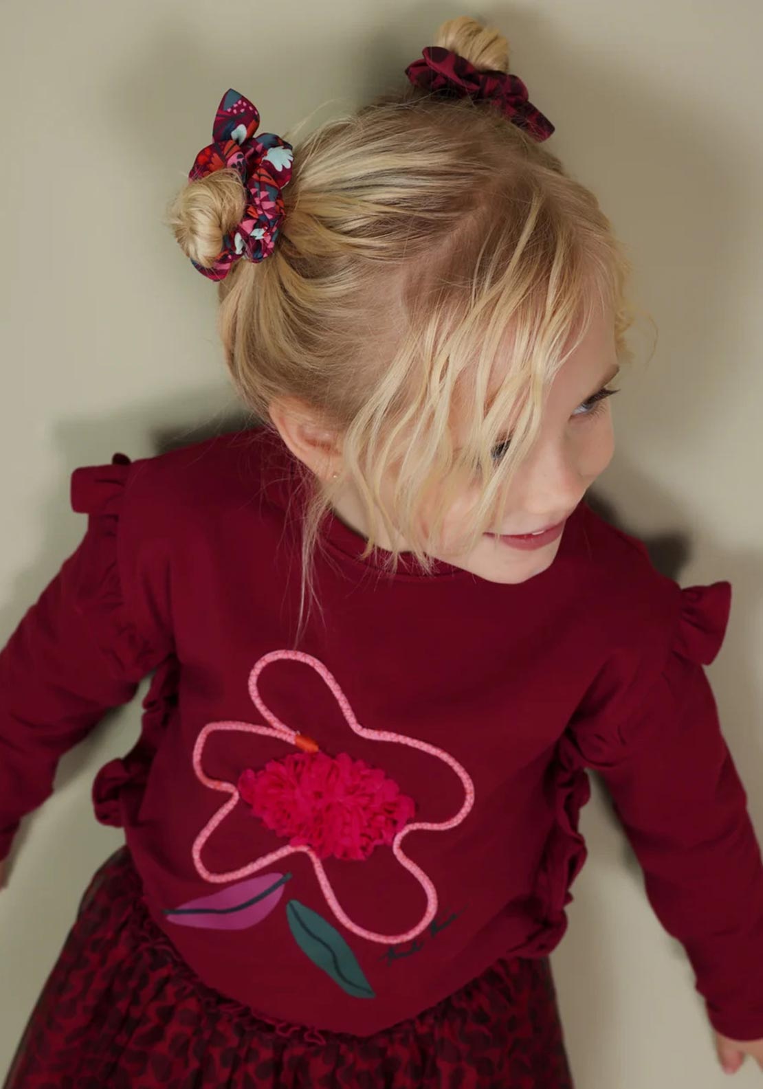 Tuc Tuc Mini Girl Floral Ruffle Sweater, Wine