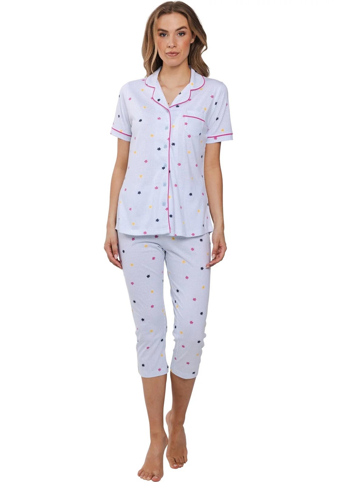 Rebelle Floral and Stripe Capri Pyjama Set, Blue