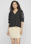 Vila Sella Embroidered Detail Sleeve Top, Black