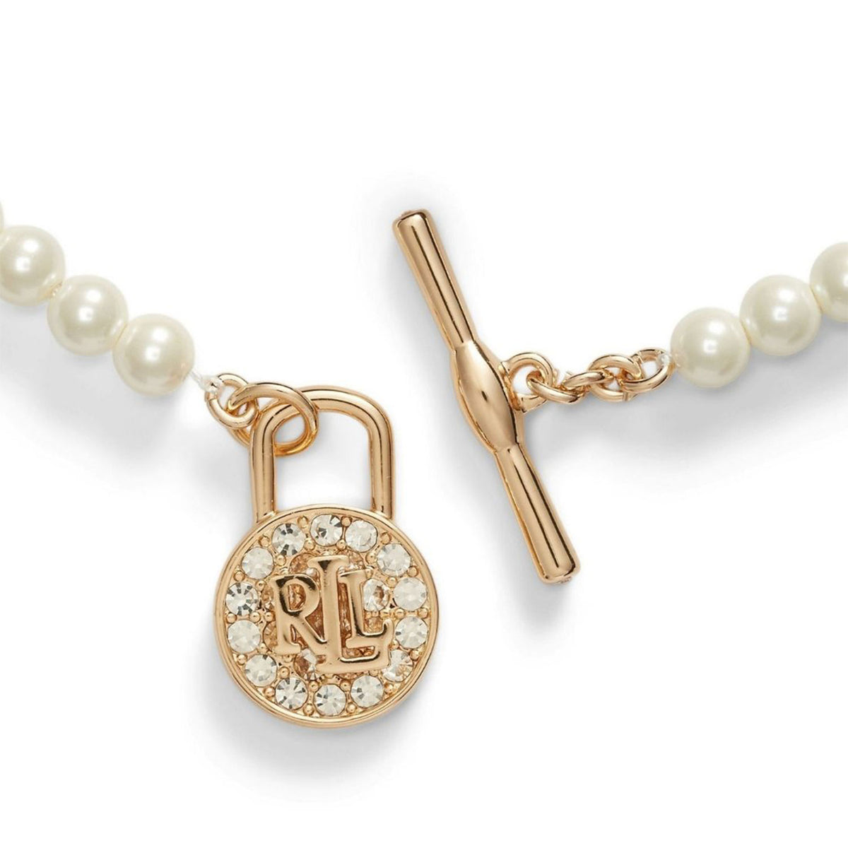 Ralph Lauren Faux Pearl & Logo Pavé Padlock Necklace, Gold