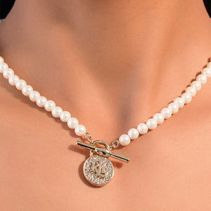 Ralph Lauren Faux Pearl & Logo Pavé Padlock Necklace, Gold